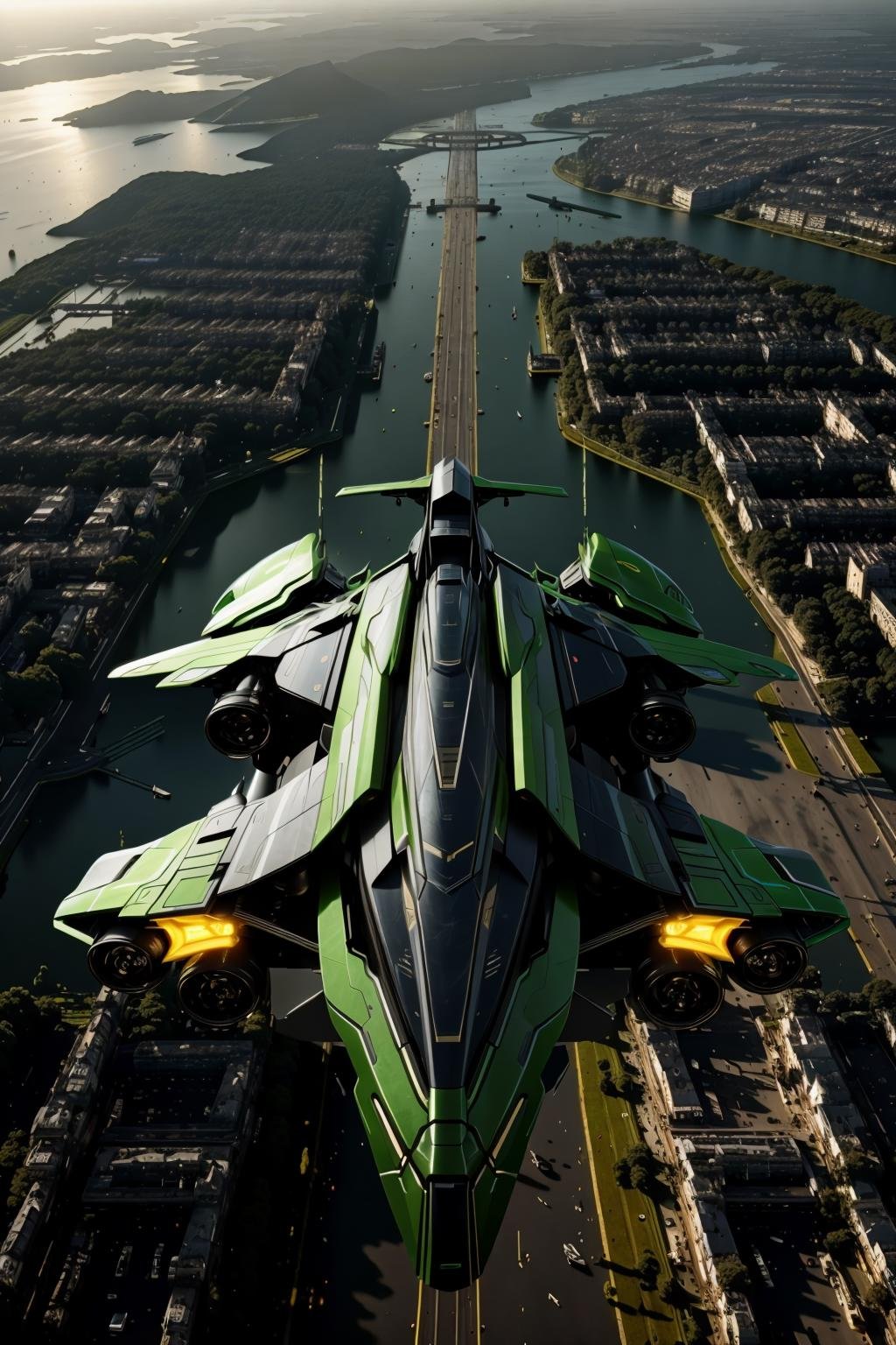 <lora:zzarspczz_v1:1>masterpiece, highly detailed photorealistic 8k raw photo, best cinematic quality, volumetric lighting and shadowscity, cloud, flying, motor vehicle, no humans, outdoors, planet, realistic, scenery, science fiction, Irish Green spacecraft, vehicle focus, zzarspczz (Bird’s-eye view:1.2)