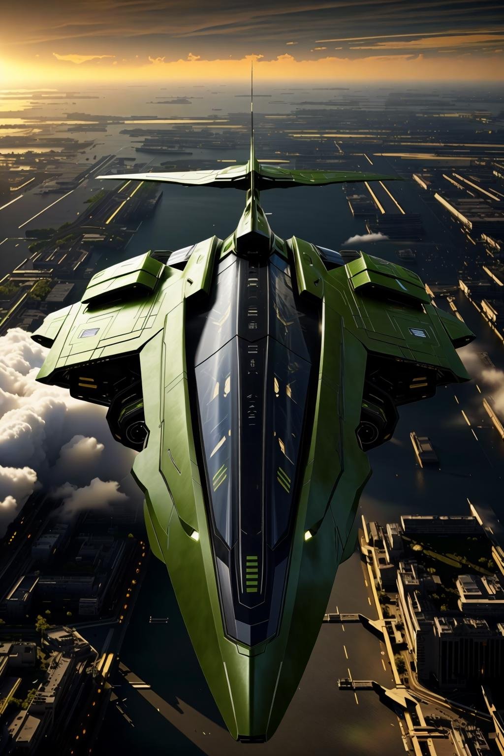 <lora:zzarspczz_v1:1>masterpiece, highly detailed photorealistic 8k raw photo, best cinematic quality, volumetric lighting and shadowscity, cloud, flying, motor vehicle, no humans, outdoors, planet, realistic, scenery, science fiction, Corn Green spacecraft, vehicle focus, zzarspczz (low-angle shot:1.2)