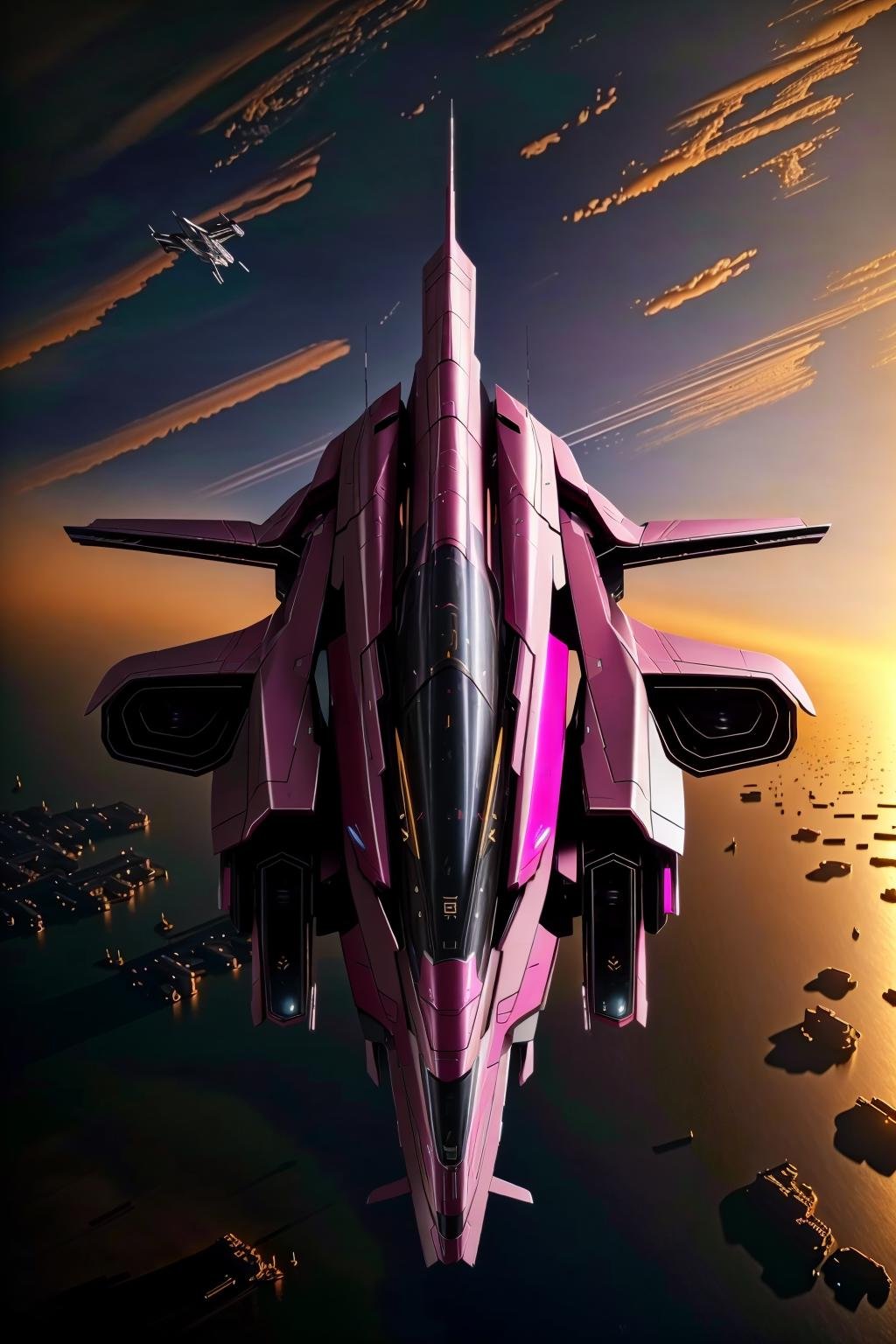 <lora:zzarspczz_v1:1>masterpiece, highly detailed photorealistic 8k raw photo, best cinematic quality, volumetric lighting and shadowsairplane, cityscape, cloud, landscape, lights, no humans, scenery, science fiction, signature, sky, space, Carnation Pink spacecraft, star \(sky\), sunset, vehicle focus, watercraft, zzarspczz (Bird’s-eye view:1.2)