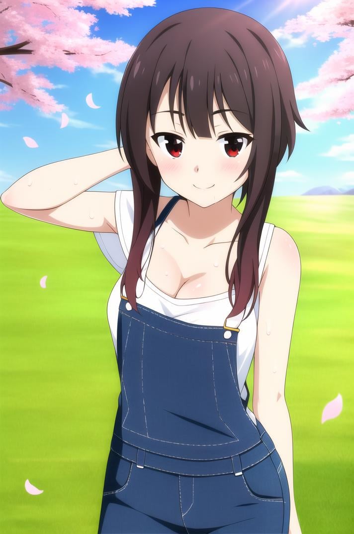 (masterpiece), high quality, detailed background, 1girl, solo,<lora:KonosubaMegumin-v1-07:0.8>, ChopioMegumin, brown hair, short hair with long locks, sidelocks, red eyes, (looking at viewer:1.3), (mature female:1.2), small breasts,outdoors, sun, sunny, sun diffraction, field, grass, standing, from front, seductive smile,dungaree, cleavage, sweat, <lora:sweat_lotion_v2:0.15>, cherry blossoms, falling petals, cute pose, white shirt, strap slip, 