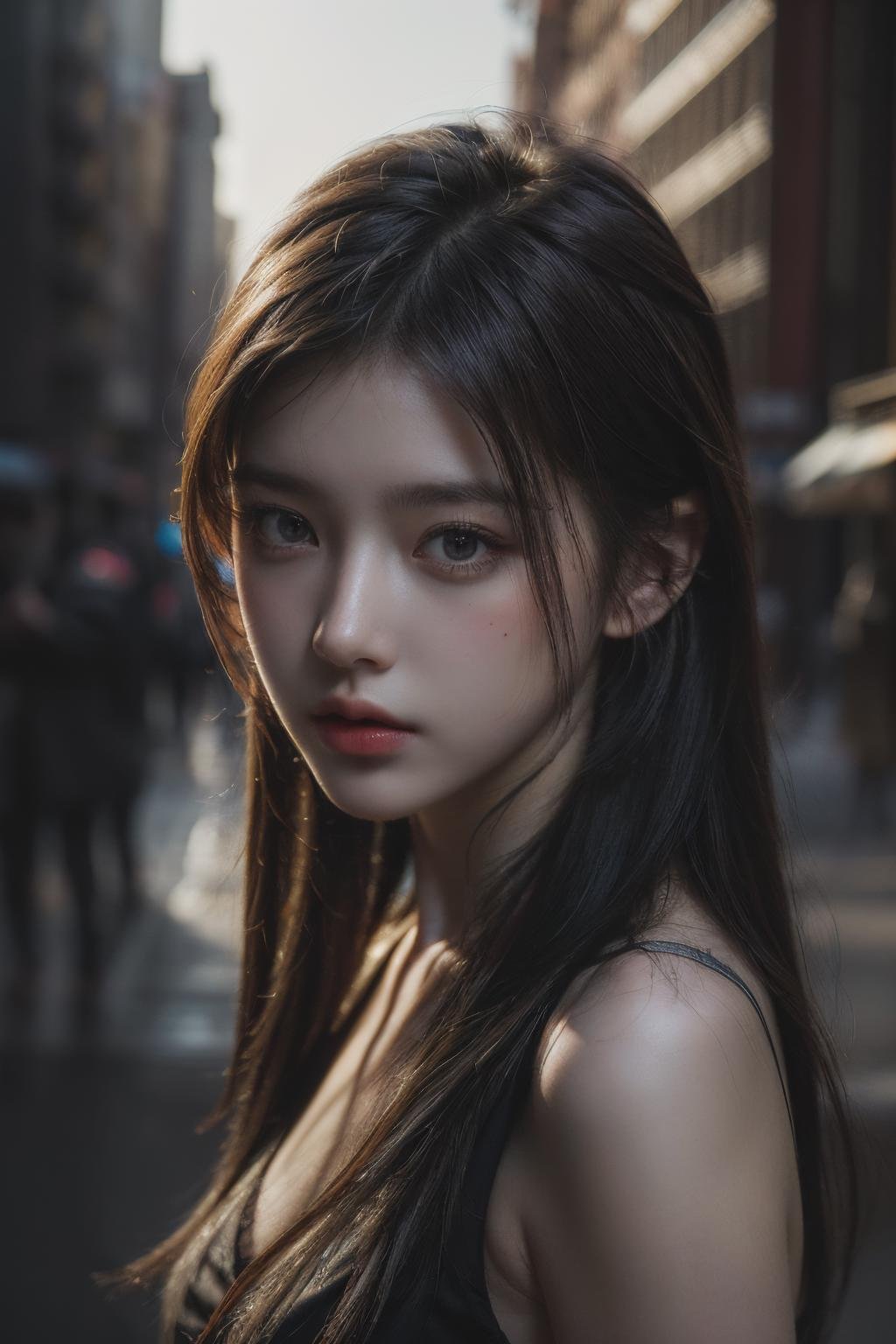 1girl, (looking at viewer:1.2), detail face,  (a girl standing, rending on cgsociety, black shadows, streaming, new york backdrop), romanticism, atmospheric, (RAW photo, best quality), (realistic, photo-realistic:1.3), masterpiece, an extremely delicate and beautiful, extremely detailed,