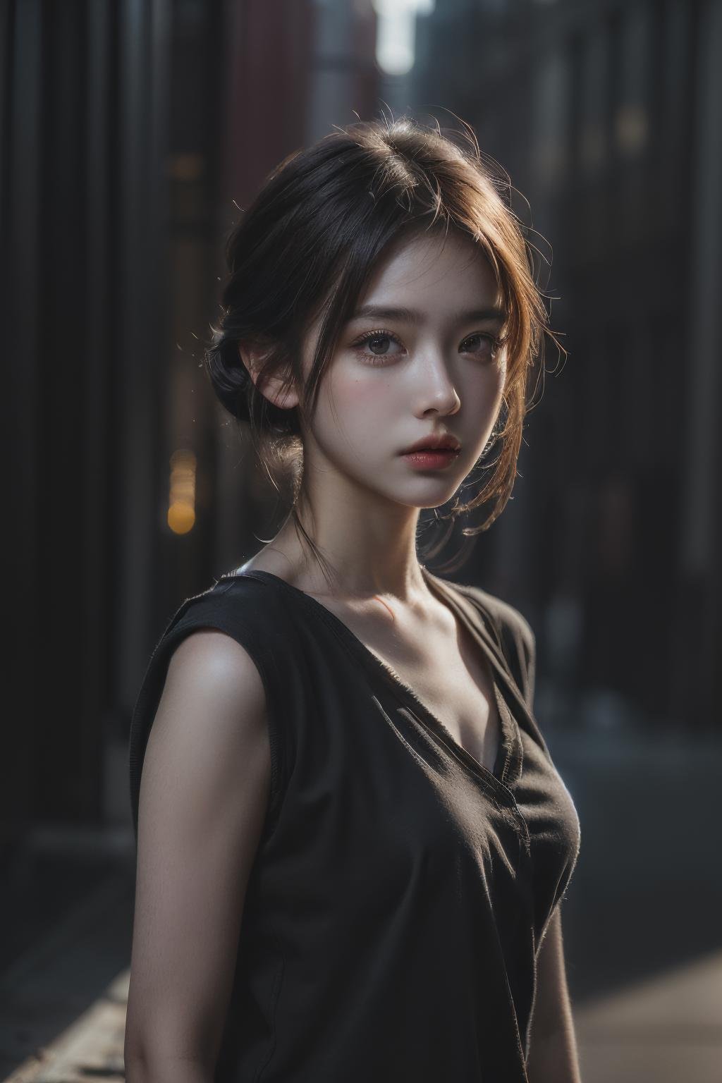 1girl, (looking at viewer:1.2), detail face,  (a girl standing, rending on cgsociety, black shadows, streaming, new york backdrop), romanticism, atmospheric, (RAW photo, best quality), (realistic, photo-realistic:1.3), masterpiece, an extremely delicate and beautiful, extremely detailed,