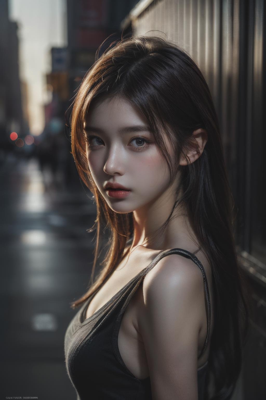 1girl, (looking at viewer:1.2), detail face,  (a girl standing, rending on cgsociety, black shadows, streaming, new york backdrop), romanticism, atmospheric, (RAW photo, best quality), (realistic, photo-realistic:1.3), masterpiece, an extremely delicate and beautiful, extremely detailed,