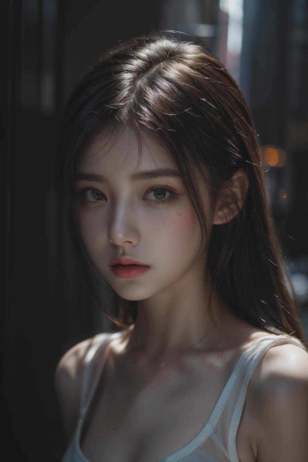 1girl, (looking at viewer:1.2), detail face,  (a girl standing, rending on cgsociety, black shadows, streaming, new york backdrop), romanticism, atmospheric, (RAW photo, best quality), (realistic, photo-realistic:1.3), masterpiece, an extremely delicate and beautiful, extremely detailed,