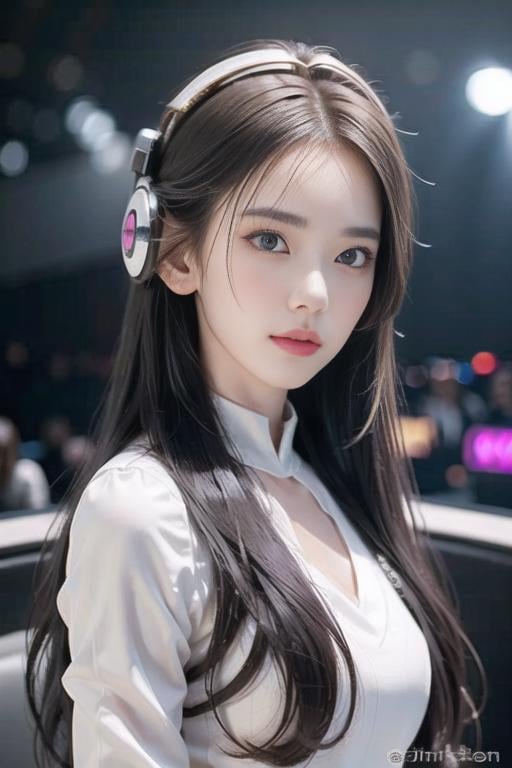 1 Girl, white skin, long hair with slight curls, detailed beautiful big eyes, exquisite features, features details, futuristic fashion cool clothes, cool headphones, perfect body, esports competition, esports, computer, games, audience, big screen, <lora:miyawakiSakuraLora_v20:0.8> <lora:美女-萝莉:0.4>  <lora:美女-少女感11:0.5>