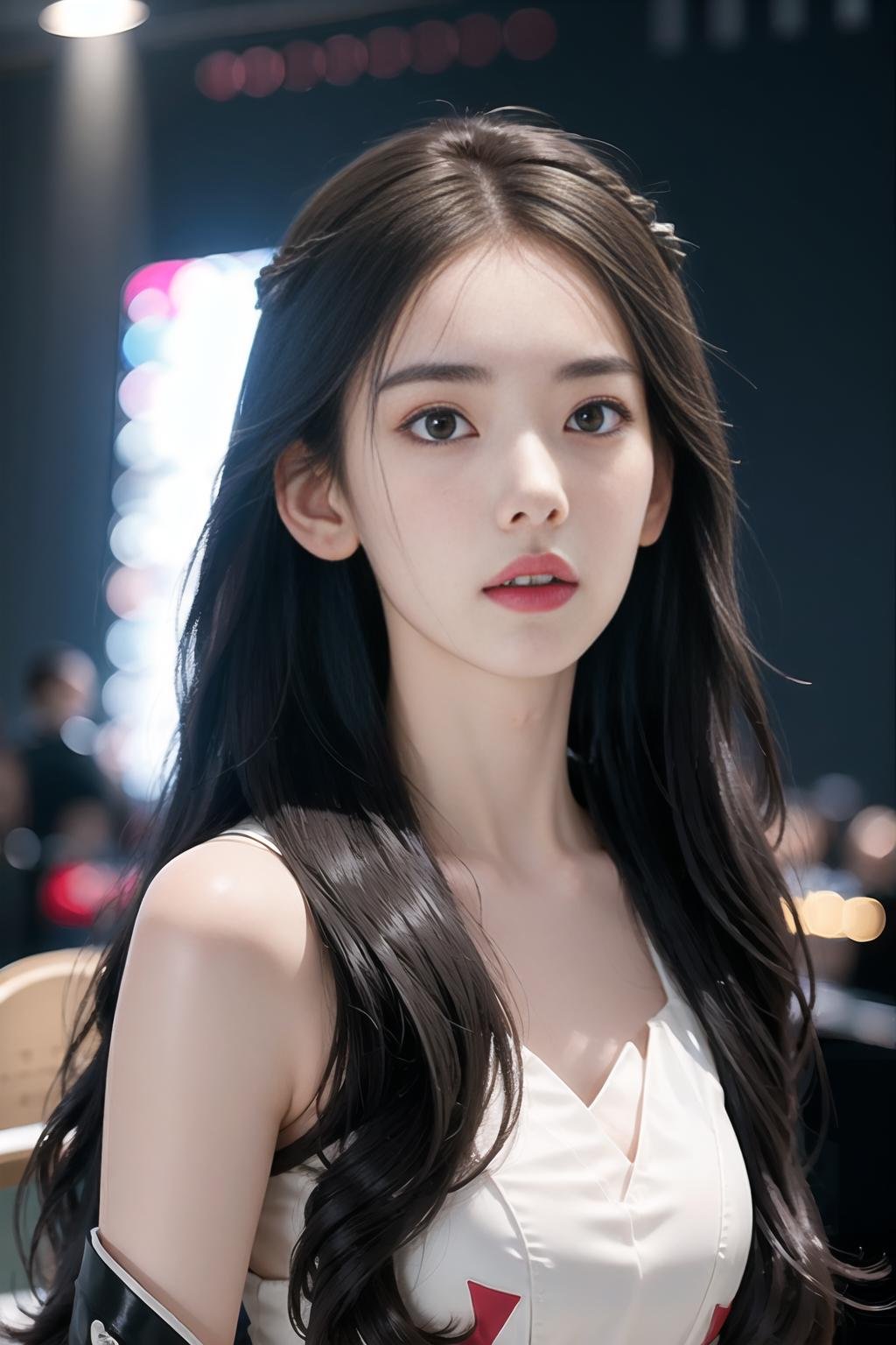 1 Girl,snow white skin, long hair with slight curls, detailed beautiful big eyes, exquisite features, features details, futuristic fashion cool clothes, cool headphones, perfect body, esports competition, esports, computer, games, audience, big screen, <lora:miyawakiSakuraLora_v20:0.8> <lora:美女-萝莉:0.4>  <lora:美女-少女感11:0.5> <lora:美女-台湾3:0.2>