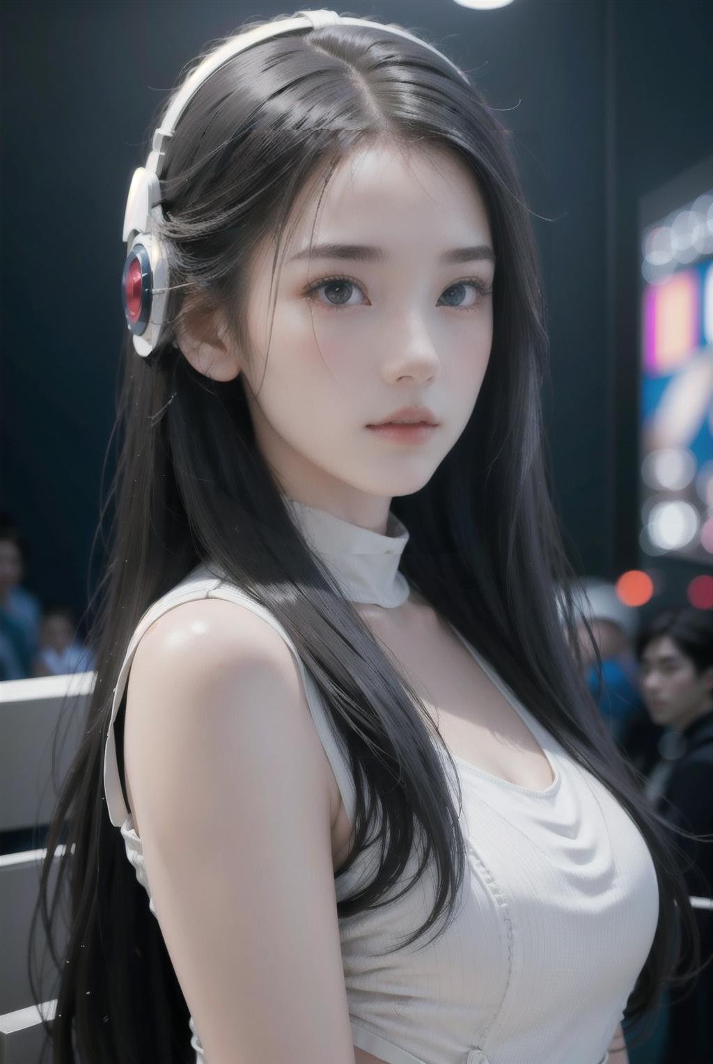 1 Girl, white skin, long hair with slight curls, detailed beautiful big eyes, exquisite features, features details, futuristic fashion cool clothes, perfect body, esports competition, esports, computer, games, audience, big screen, <lora:miyawakiSakuraLora_v20:0.8> <lora:美女-萝莉:0.4>  <lora:美女-少女感11:0.5>