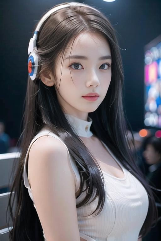 1 Girl, white skin, long hair with slight curls, detailed beautiful big eyes, exquisite features, features details, futuristic fashion cool clothes, cool headphones, perfect body, esports competition, esports, computer, games, audience, big screen, <lora:miyawakiSakuraLora_v20:0.8> <lora:美女-萝莉:0.4>  <lora:美女-少女感11:0.5>