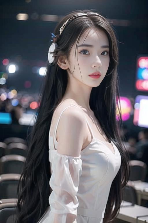 1 Girl, white skin, long hair with slight curls, detailed beautiful big eyes, exquisite features, features details, futuristic fashion cool clothes, cool headphones, perfect body, esports competition, esports, computer, games, audience, big screen, <lora:miyawakiSakuraLora_v20:0.8> <lora:美女-萝莉:0.4>  <lora:美女-少女感11:0.5> <lora:美女-台湾3:0.2>