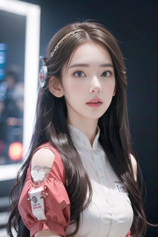 1 Girl, white skin, long hair with slight curls, detailed beautiful big eyes, exquisite features, features details, futuristic fashion cool clothes, cool headphones, perfect body, esports competition, esports, computer, games, audience, big screen, <lora:miyawakiSakuraLora_v20:0.8> <lora:美女-萝莉:0.4>  <lora:美女-少女感11:0.5> <lora:美女-台湾3:0.2>