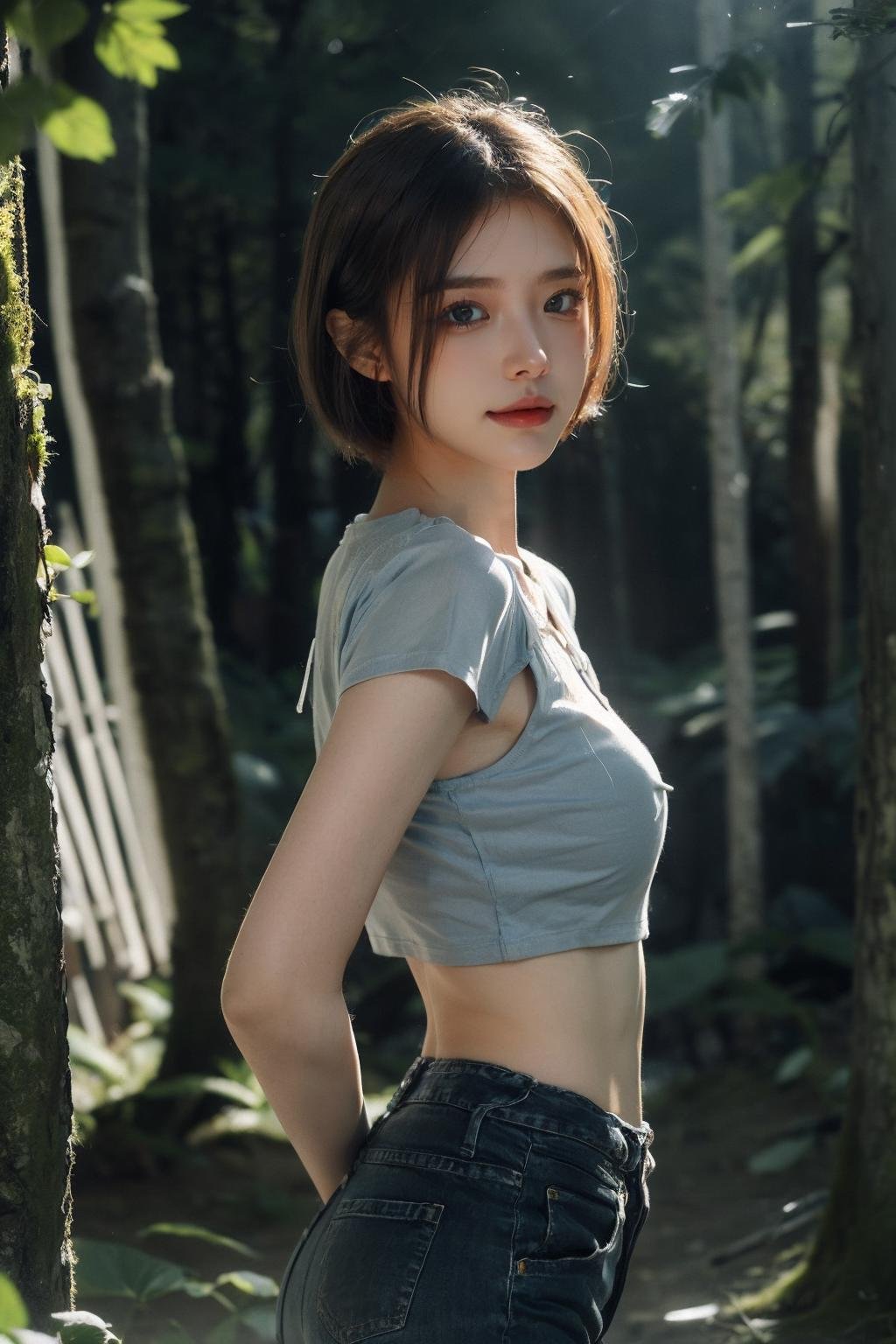 bjeans, bpants Masterpiece, best quality, (highly detailed photo:1. 1), 8k render in octane, volumetric lighting, volumetric shadows, blond girl, short hair, (reflexes:1.2), (top transparencies:1.3), (angry and passionate look), green eyes, (smiling) forest with cliffs and mountains background