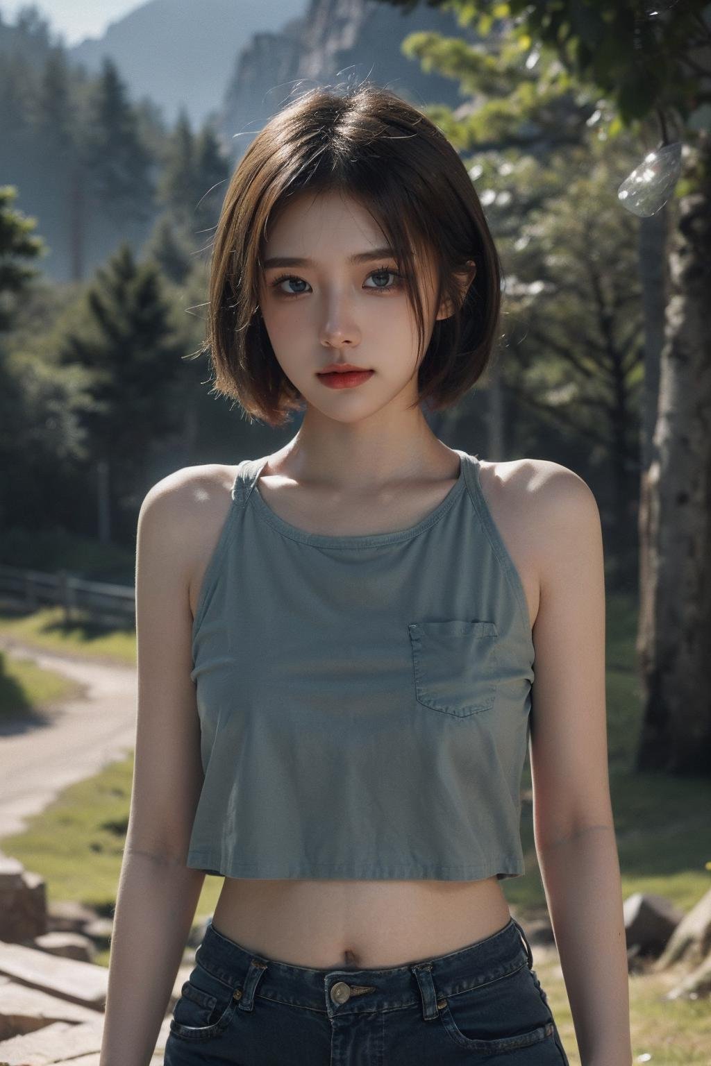 bjeans, bpants Masterpiece, best quality, (highly detailed photo:1. 1), 8k render in octane, volumetric lighting, volumetric shadows, blond girl, short hair, (reflexes:1.2), (top transparencies:1.3), (angry and passionate look), green eyes, (smiling) forest with cliffs and mountains background