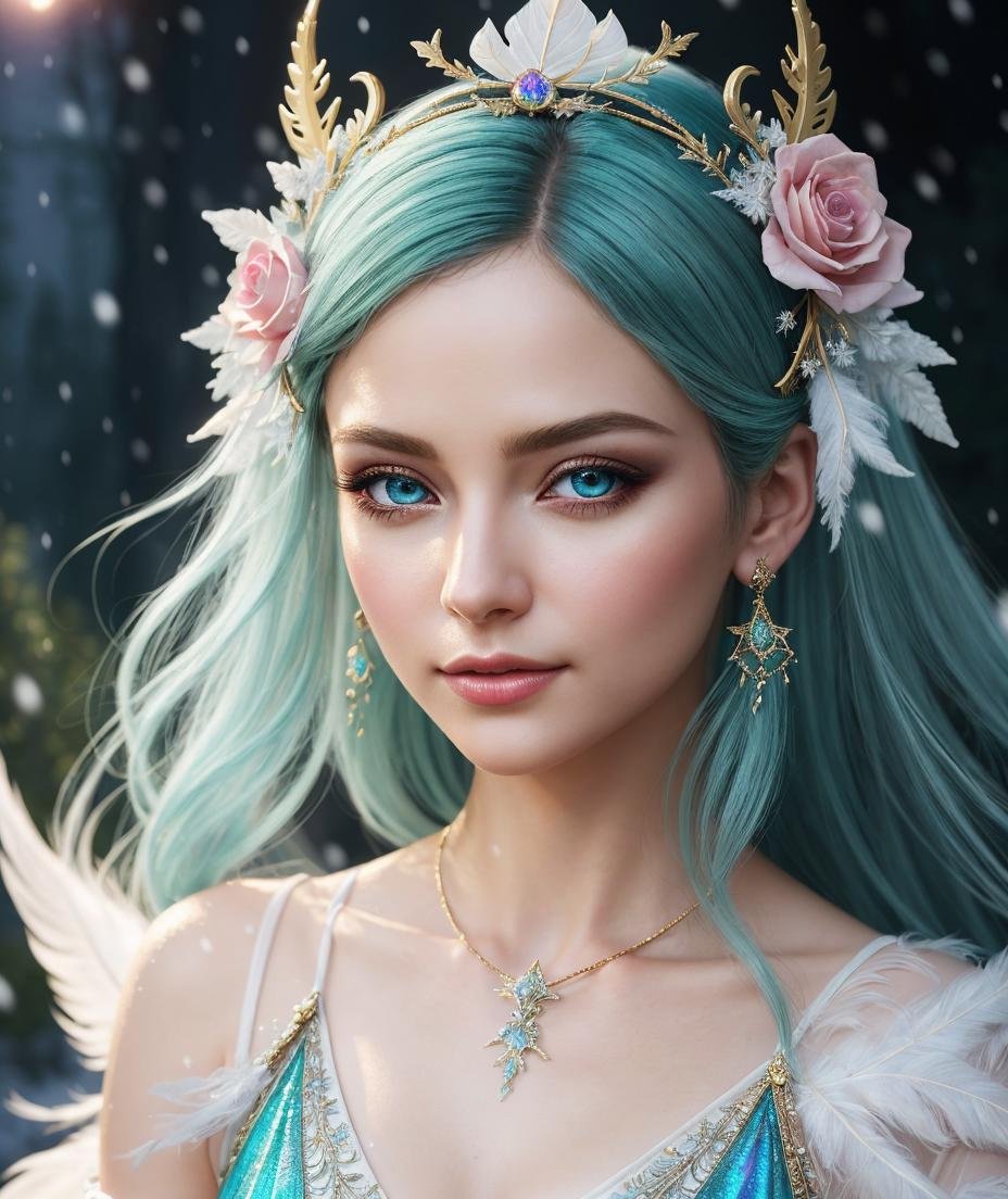 (((masterpiece))), (((best quality))), ((ultra-detailed)),(highly detailed CG illustration), ((an extremely delicate and beautiful)),cinematic lighting. This is a realistic fantasy artwork with contrasting colors and a very mysterious aura. Generate a pure white woman with ((pure white skin)), metallic hair, and bold, colorful eyes. (((Her skin is whiter than snow))). Her face is extremely detailed with realistic shading and her eyes are extremely detailed with absurdly high resolution and bright, bold colors. (((Her eyes are important and must be perfect.))) She has soft, puffy lips. Include many fantasy details such as soft white feathers, beautiful French silk, delicate embroidery, snow, iridescence detailing, phantasmal iridescence detailing, and glitter. Include moonlight, snowflakes, and winterscapes. The character in the artwork is a delicate but strong petite figure with an aura of mystery and magic. The character's clothing should be designed with gossamer feathers, silk, stunning embroidery, and subtle iridescent details. Incorporate dreamy colors, dynamic lighting, and detailed background elements to create a sense of awe and immersion. Consider the latest trends in fantasy art, such as incorporating unique lighting effects, exploring dynamic and compelling composition techniques, and experimenting with unique color palettes. Take inspiration from the top artists on ArtStation and Midjourney. Camera: Choose an angle that highlights the character's beauty and enhances the magical majesty of the artwork. Lighting: Utilize atmospheric lighting techniques to create depth and mood. Resolution: Aim for a high-resolution artwork to showcase intricate details and clarity. Art Inspirations: Seek inspiration from the trending artists on ArtStation, exploring different styles, genres, and themes.