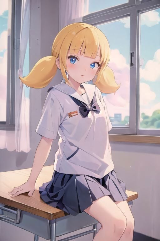 masterpiece, best quality, 1girl, penny, blonde hair, twintails, blunt bangs, flat chest, from below, <lora:Penny:1>, thai junior high school uniform, classroom, school desk