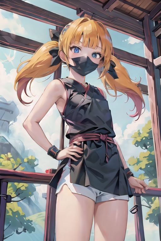 masterpiece, best quality, 1girl, penny, blonde hair, twintails, blunt bangs, flat chest, from below, <lora:Penny:1>, ninja, ninja_clothes, black skirt, white shorts, shorts under skirt, mask, kunoichi, bamboo forrest