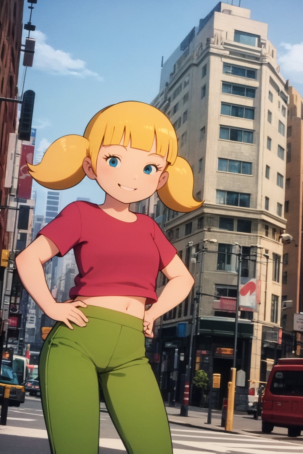 masterpiece, best quality, 1girl, penny, blonde hair, twintails, blunt bangs, blue eyes, red shirt, green pants, hands on hips, solo,  smile, building, new york street backgroundd <lora:Penny:0.8>