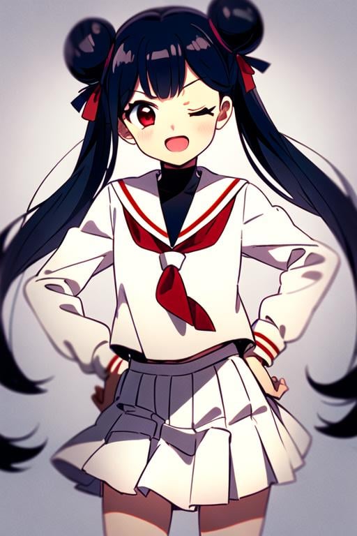 <lora:meiling_scc:0.7> masterpiece, best quality, solo, 1girl, one eye closed, school uniform, simple background, skirt, hair bun, black hair, serafuku, twintails, double bun, long hair, open mouth, hand on hip, red eyes, pleated skirt, white sailor collar, white skirt, bangs,, tomoeda elementary school uniform, looking at viewer