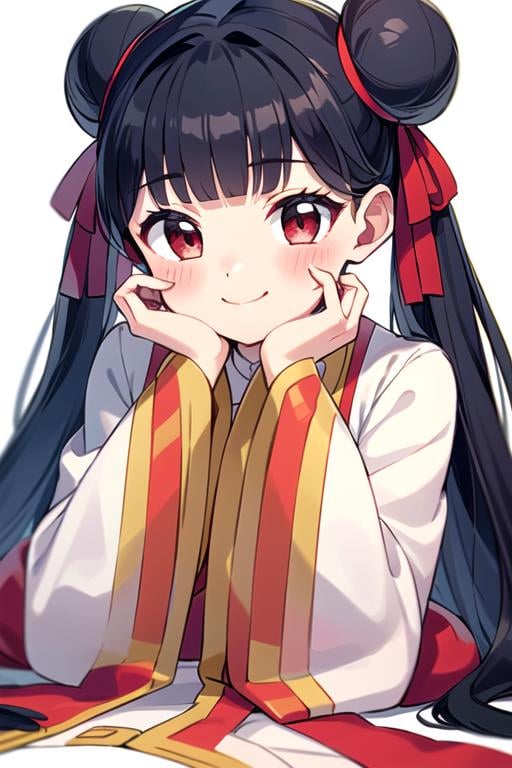 masterpiece, best quality, <lora:meiling_scc:0.7> meiling_scc, 1girl, solo, double bun, hair bun, black hair, smile, long hair, looking at viewer, twintails, ribbon, blush, hair ribbon, white background, red eyes, bangs, simple background, long sleeves, wide sleeves, lying, head rest, red ribbon, closed mouth, blunt bangs, upper body, on stomach