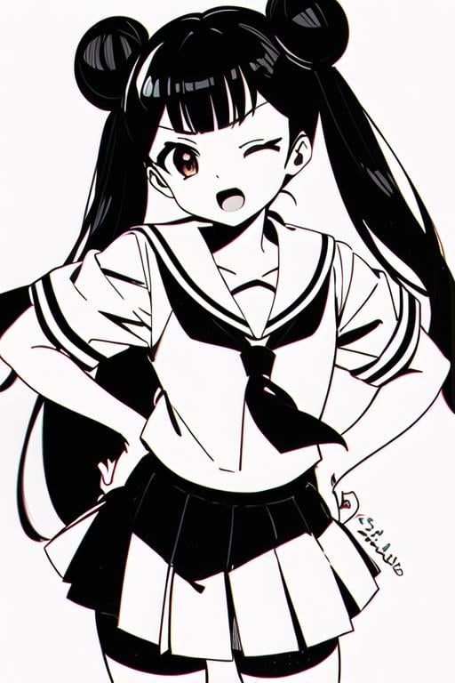 <lora:meiling_scc:0.7> masterpiece, best quality, solo, 1girl, one eye closed, school uniform, simple background, skirt, hair bun, black hair, serafuku, twintails, double bun, long hair, open mouth, hand on hip, brown eyes, pleated skirt, twitter username, white sailor collar, white skirt, bangs, grey background, tomoeda elementary school uniform, looking at viewer, monochrome