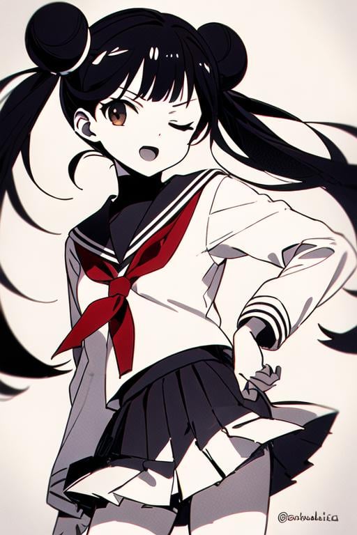 <lora:meiling_scc:0.7> masterpiece, best quality, solo, 1girl, one eye closed, school uniform, simple background, skirt, hair bun, black hair, serafuku, twintails, double bun, long hair, open mouth, hand on hip, brown eyes, pleated skirt, twitter username, white sailor collar, white skirt, bangs, grey background, tomoeda elementary school uniform, looking at viewer, monochrome