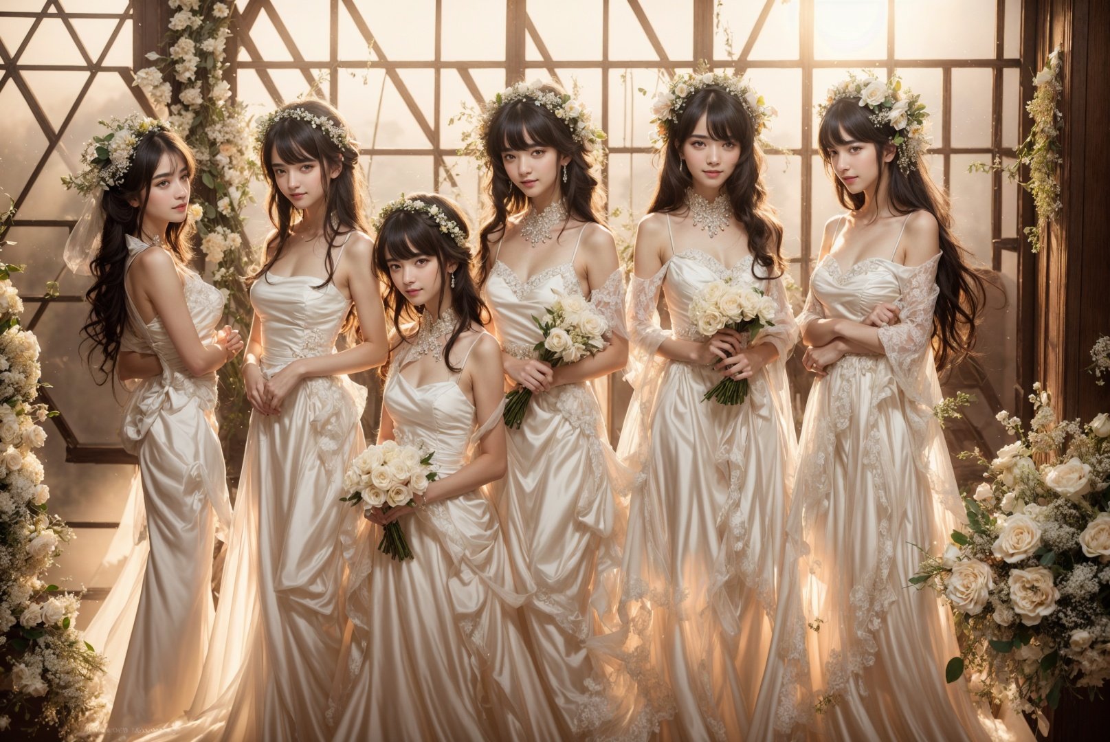 multiple girls,flower,black hair,long hair,dress,breasts,short hair,brown hair,white hair,black hair,blonde,6+girls,bouquet,hair ornament,head wreath,white dress,hair flower,smile,large breasts,5girls,blonde hair,open mouth,brown eyes,wedding dress,holding flower,(photorealistic:1.3),(masterpiece:1.2),(best quality:1.2),HDR,UHD,8K,Highly detailed,ultra-fine painting,sharp focus,physically-based rendering,extreme detail description,Professional,Vivid Colors,studio soft light,Vivid Colors,morning sunshine,white theme,