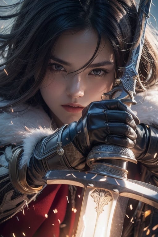 weapon,sword,(hidden behind the weapons:1.5),solo,black hair,looking at viewer,holding,holding sword,armor,holding weapon,1girl,fur trim,blue eyes,gauntlets,closed mouth,lips,long hair,upper body,cape,portrait,, (photorealistic:1.3),(masterpiece:1.2),(best quality:1.2),HDR,UHD,8K,Highly detailed,ultra-fine painting,sharp focus,physically-based rendering,extreme detail description,Professional,Vivid Colors,studio soft light,