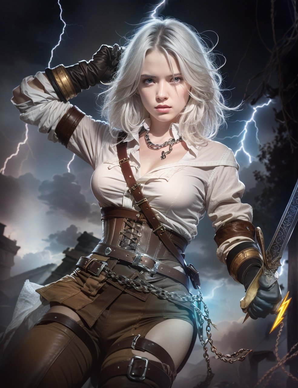 1girl,(weapon:1),(sword:1),scar,gloves,solo,breasts,(scar on face:1),shirt,belt,corset,leather,white shirt,white hair,pants,brown gloves,holding,lips,short hair,scar across eye,holding weapon,medium breasts,leather pants,holding sword,(detailed light),((lightning in hand)),lightning surrounds,(((lightning chain))),, (photorealistic:1.3),(masterpiece:1.2),(best quality:1.2),HDR,UHD,8K,Highly detailed,ultra-fine painting,sharp focus,physically-based rendering,extreme detail description,Professional,Vivid Colors,studio soft light,