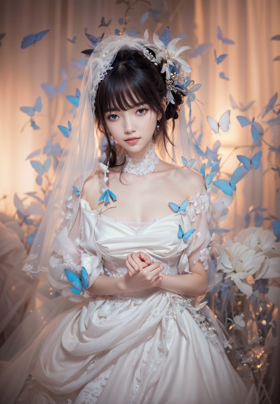 1girl,solo,dress,veil,wedding dress,gloves,black hair,butterfly,bridal veil,bare shoulders,looking at viewer,flower,own hands together,hair ornament,bride,white dress,black eyes,long hair,bangs,blunt bangs,head tilt,white gloves,<lora:韩纯妮:1>,, (photorealistic:1.3),(masterpiece:1.2),(best quality:1.2),HDR,UHD,8K,Highly detailed,ultra-fine painting,sharp focus,physically-based rendering,extreme detail description,Professional,Vivid Colors,studio soft light,,Vivid Colors