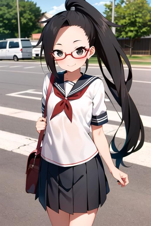 masterpiece, best quality, <lora:kunoichi_tsubaki:0.7> kunoichi_tsubaki, 1girl, long hair, looking at viewer, black hair, ponytail, black eyes, sunlight, serafuku, sailor collar, red neckerchief, black skirt, pleated skirt, smile, blush, school bag, short sleeves, flat chest, red eyewear,