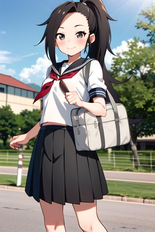 masterpiece, best quality, <lora:kunoichi_tsubaki:0.7> kunoichi_tsubaki, 1girl, long hair, looking at viewer, black hair, ponytail, black eyes, sunlight, serafuku, sailor collar, red neckerchief, black skirt, pleated skirt, smile, blush, school bag, short sleeves, 