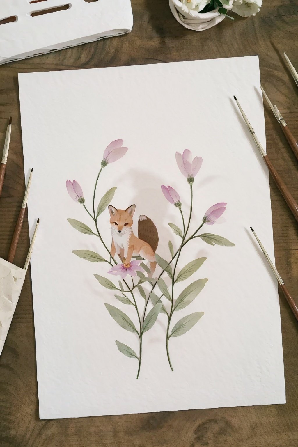 <lora:layout01_v1:1> shouzhang, layout, multimedium, no humans, real flower on the desk, leaf in drawing, still life, a cute little cartoon fox picture draw in the style of watercolor sketch, chibi,   <lora:watercolor_flower:0.4>