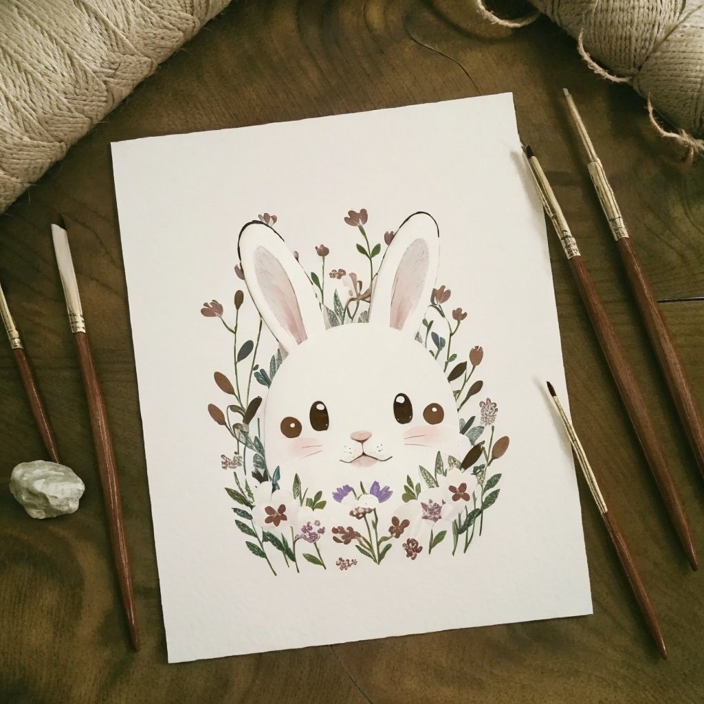 <lora:layout01_v1:1> shouzhang, top down shot, layout, multimedium, no humans, still life, flowers, a painting of a cute little rabbit in the style of marker pen, 