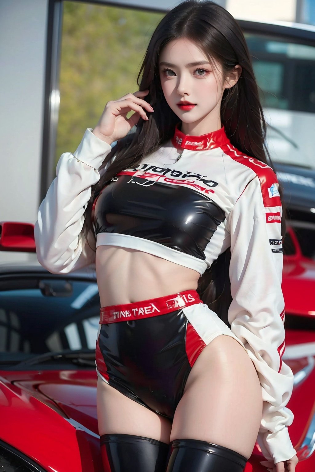 1 female racing driver, racing suit, navel exposed, thighs exposed, sports car, track,Tight latex clothing.1girl