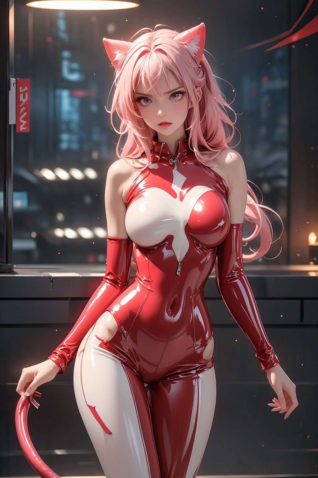 (RAW photo: 1.2), pink latex jumpsuit, hollow, Holt collar, latex shiny, tight, sweat, white liquid, pink body, wearing Kudo Atsuko latex costume, wearing tight suit, smooth pink white skin, cat suit, wearing latex, shiny plastic, shiny metallic luster skin, pink glowing color, latex costume, chrome-plated bodysuit, cyberpunk glossy latex suit, shiny, futuristic bright latex suit with open legs, M-shaped legs, angry expression, sullen and sullen, white liquid all over the body,