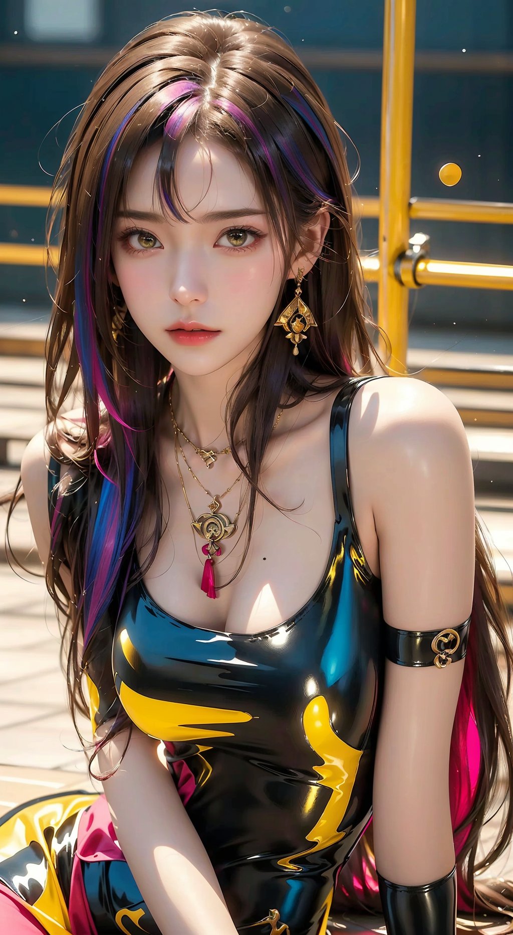  1girl,Bangs, off shoulder, colorful_hair, ((colorful hair)),golden dress, yellow eyes, chest,thighs, necklace, pink dress, earrings, floating hair, jewelry, sleeveless, very long hair,Looking at the observer, parted lips, pierced,energy,electricity,magic,tifa,sssr,blonde hair,jujingyi,wangyushan, (Tight latex clothing)