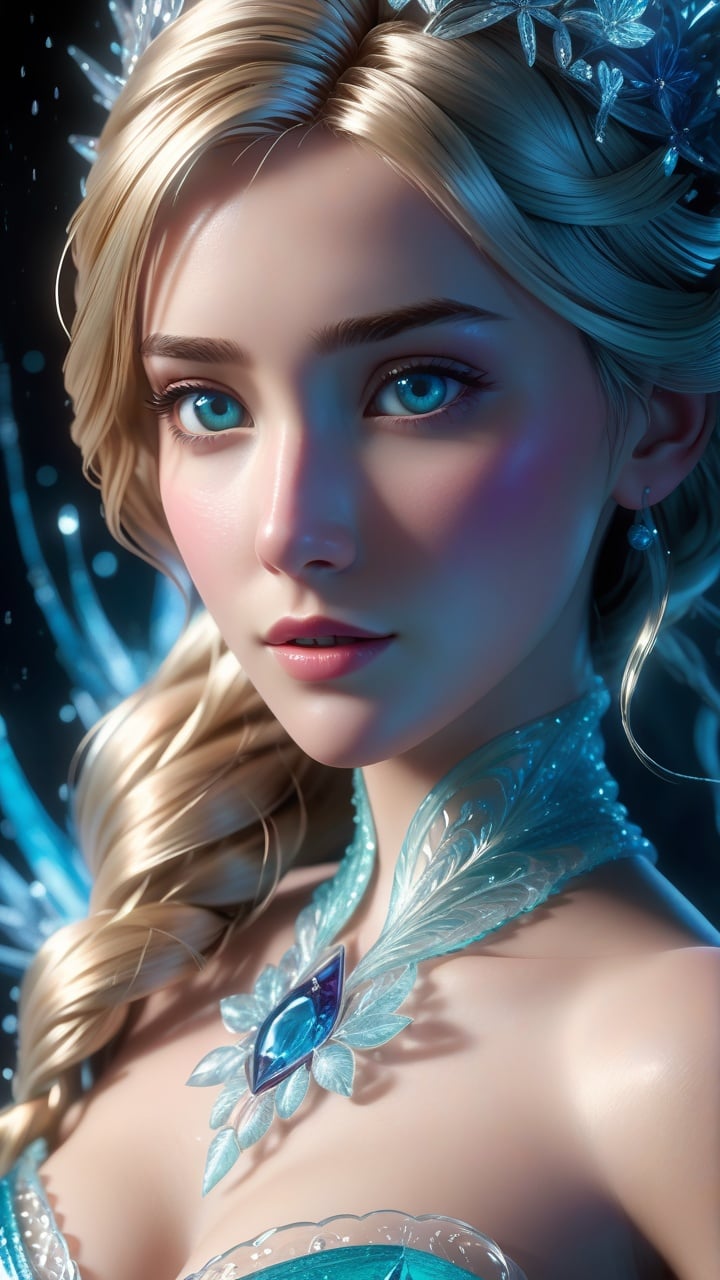 Elsa from Disney's Frozen,a burst of tangy aqua cascades,entwining with viscous allure,a figure emerges from the shadows,in a neo-expressionist masterpiece of blueberry syrup's embrace,masterpiece,best quality,(intricate details),dreamy,perfect eyes,dark pupils,magnificent,ethereal,volumetric lighting,lightroom,((cinematic)),raytracing,subsurface scattering,face focus,