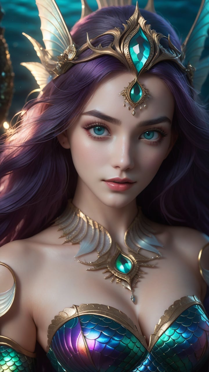 (dark magic), (grim), mermaid, masterpiece, best quality, (intricate details), dreamy, perfect eyes, dark pupils, magnificent, ethereal, volumetric lighting, lightroom, ((cinematic)), raytracing, subsurface scattering, face focus,