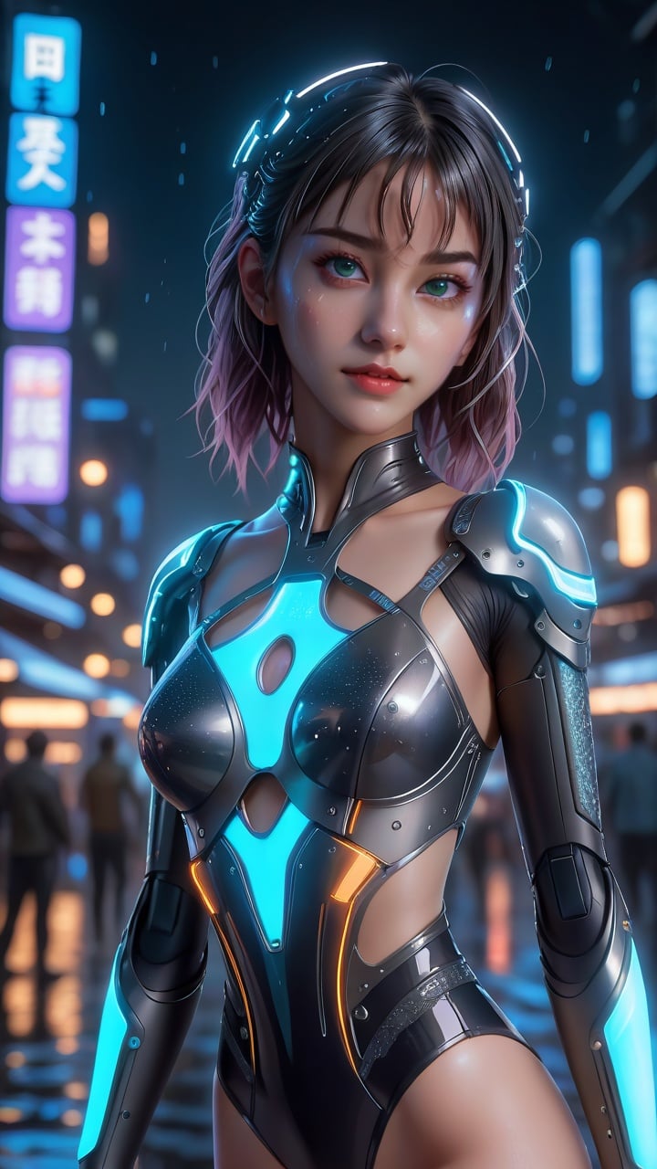 ((best quality)),((masterpiece)),((ultra-detailed)),(illustration),(detailed light),(an extremely delicate and beautiful),((1girl)),((solo)),(beautiful detailed eyes),shiny hair,(((cyberpunk city))),light pollution,((leotard)),rainy night,wet,(((cropped shoulders))),depth of field,