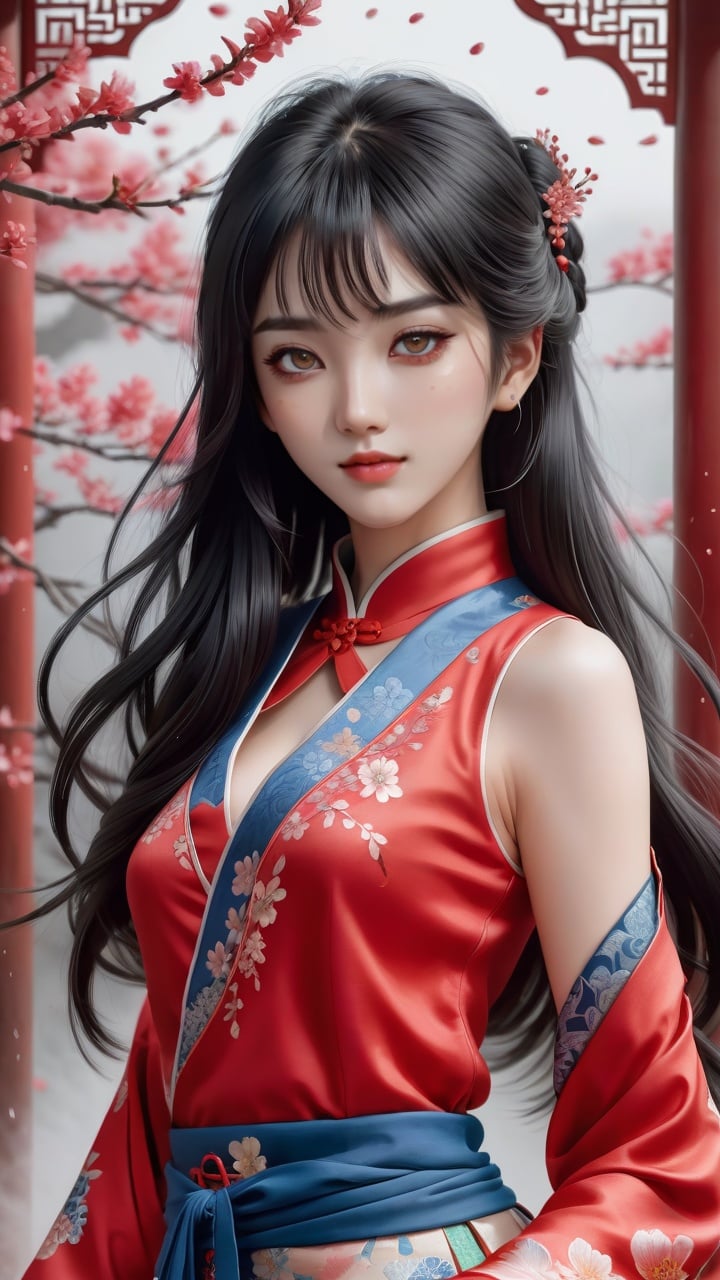 (((((full body))))),(((((best detailed girl))))),(((1girl))),((((black hair)))),(solo),((extremely detailed)),((detailed face)),((((ink painting)))),illustration,((Chinese ink painting)),(((masterpiece))),(((best quality))),((((Ink dyeing)))),(((Watercolor))),((Chinese Brush Painting)),(((extremely delicate and beautiful girls)))),ultra-detailed,(((beautiful detailed eyes))),(cheongsam),(Chinese style),((red ink)),smile,ink background,long hair,beautiful detailed eyes,beautiful detailed hair,petals,(((soaked))),((((floating hair)))),(((The character is in the center of the frame))),(((flowing))),