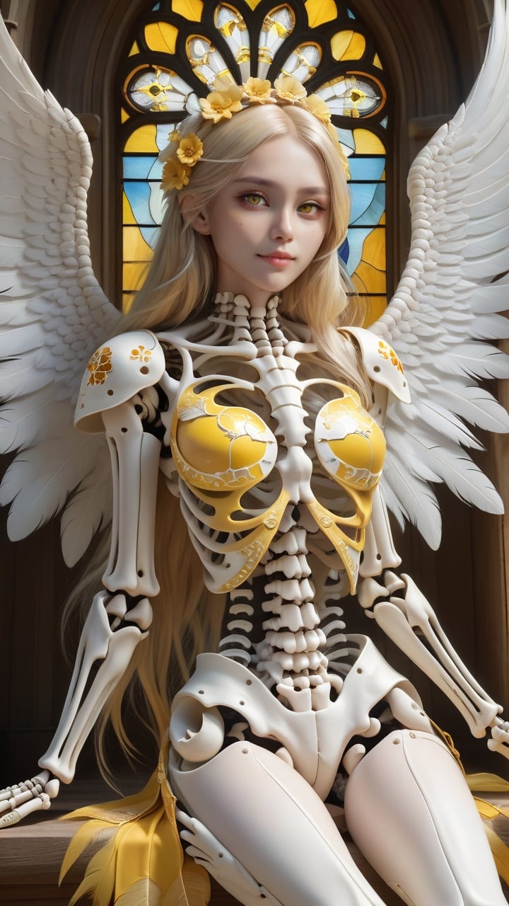 (Best quality), (masterpiece), (an extremely detailed beautiful:1.2),1 girl, (skeleton chest:1.15), (Skull:1.4), (skeleton:1.2), (ribs:1.4), (backbone:1.3), (open ribs:1.4), (white and yellow feathered wings), (white with yellow bones:1.4), (full body), (sitting)detailed beautiful face, cute face, (long yellow hair), (yellow halo on the head:1.2), (smile), (yellow thigh-high boots)(white church:1.2), (Church and stained glass Windows), Holy (Floating feathers:1.2) came down from heaven, (many holy white skeleton on ground:1.25)