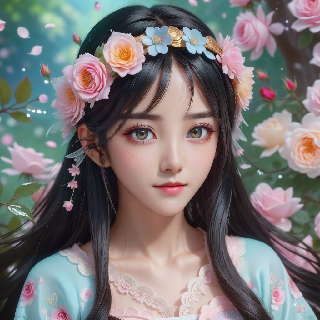 watery eyes,delicate detailed eyes,(card capture sakura:0.3),long hair,black hair mange style,long sleeve,flower headband,roses background,4k,8k,round eyes,round pupil,happy,colourful,fantasy magical,complex hair detail,happy,texture on clothings,fireflies,1girl,