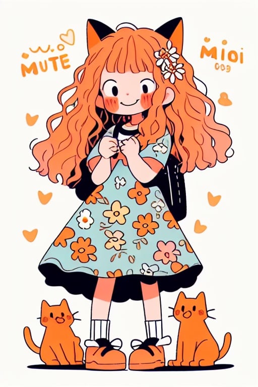 1girl, dress, flower, bag, jewelry, floral print, short sleeves, cat, shoes, socks, bug, bracelet, hair ornament, butterfly, standing, solo, long hair, black footwear, blush, blush stickers, smile, hair flower, full body, english text, orange hair, yellow flower, bangs, heart, shadow, print dress, white background, blue bag, simple background, wavy hair, white socks, animal ears, shoulder bag, orange flower, looking at viewer