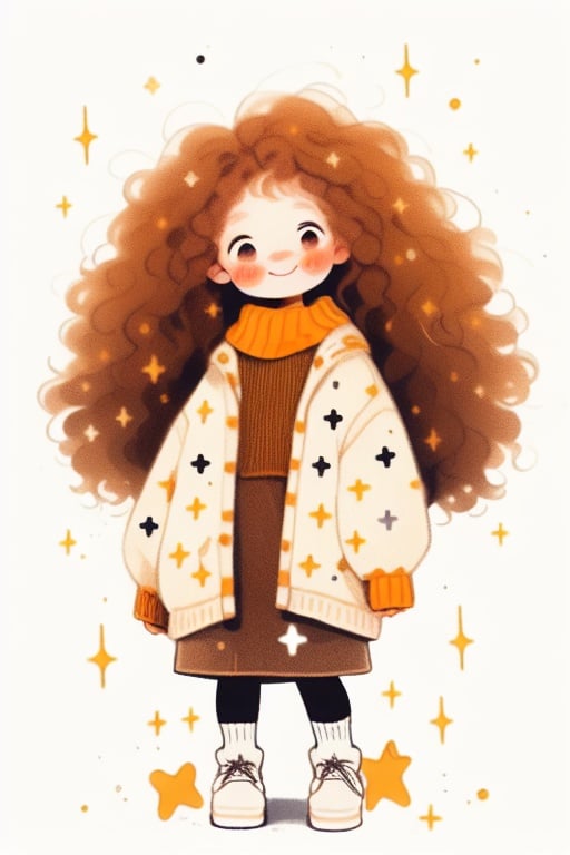 1girl, solo, star \(symbol\), shoes, smile, long hair, brown hair, standing, black footwear, full body, sleeves past wrists, blush, long sleeves, curly hair, looking at viewer, white background, white sweater, sweater, no nose, brown eyes, simple background, skirt, socks, jacket, blush stickers, sparkle