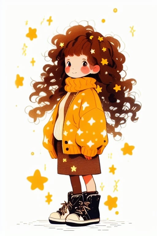 1girl, solo, star \(symbol\), long hair, standing, turtleneck, brown hair, very long hair, black footwear, curly hair, sleeves past wrists, looking at viewer, sweater, white background, long sleeves, blush, no nose, shoes, star print, full body, turtleneck sweater, big hair, closed mouth, puffy long sleeves, simple background, arms at sides, puffy sleeves, smile, yellow sweater, sneakers, jacket, clenched hand, brown eyes, :|, braid, hair ornament, bangs, skirt, clenched hands, tareme, arm at side, yellow jacket