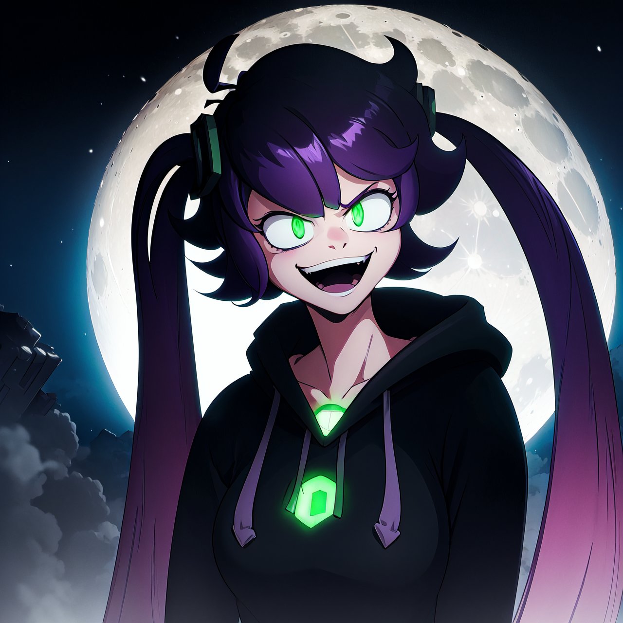 (masterpiece, best quality;1.2), IC0n, 1girl, purple hair, long twin tails, green eyes, glowing eyes, big eyes, frowning, black hoodie, green cube on chest, evil smile, big smile, open mouth, upper body, night, moon, dark, backlighting, cinematic lighting
