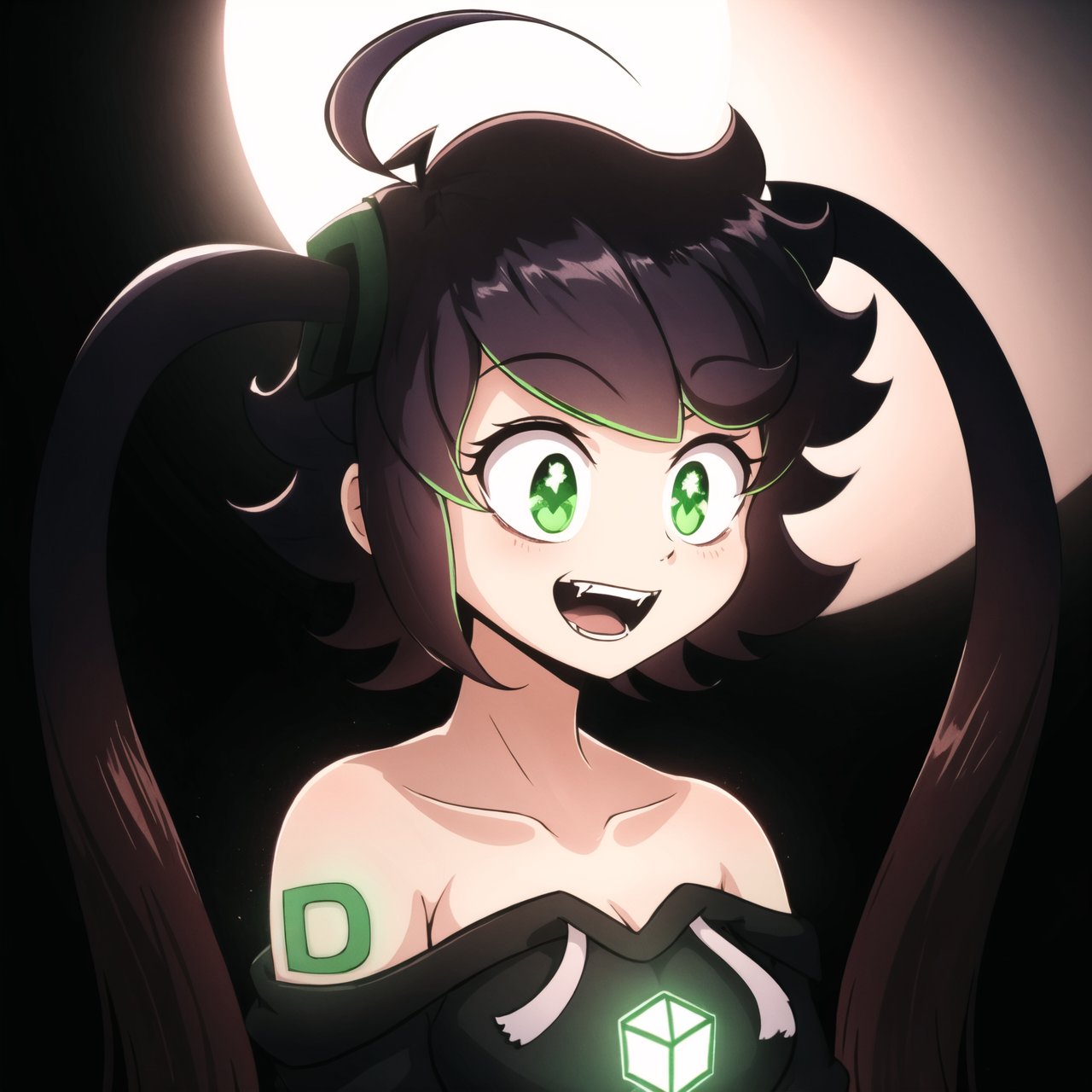 (masterpiece, best quality;1.2), IC0n, 1girl, purple hair, big ahoge, long twin tails, green eyes, glowing eyes, big eyes, black hoodie, open shoulders, tattoo on shoulders, green cube on chest, big smile, open mouth, fangs, upper body, night, moon, dark, backlighting, cinematic lighting,backlighting