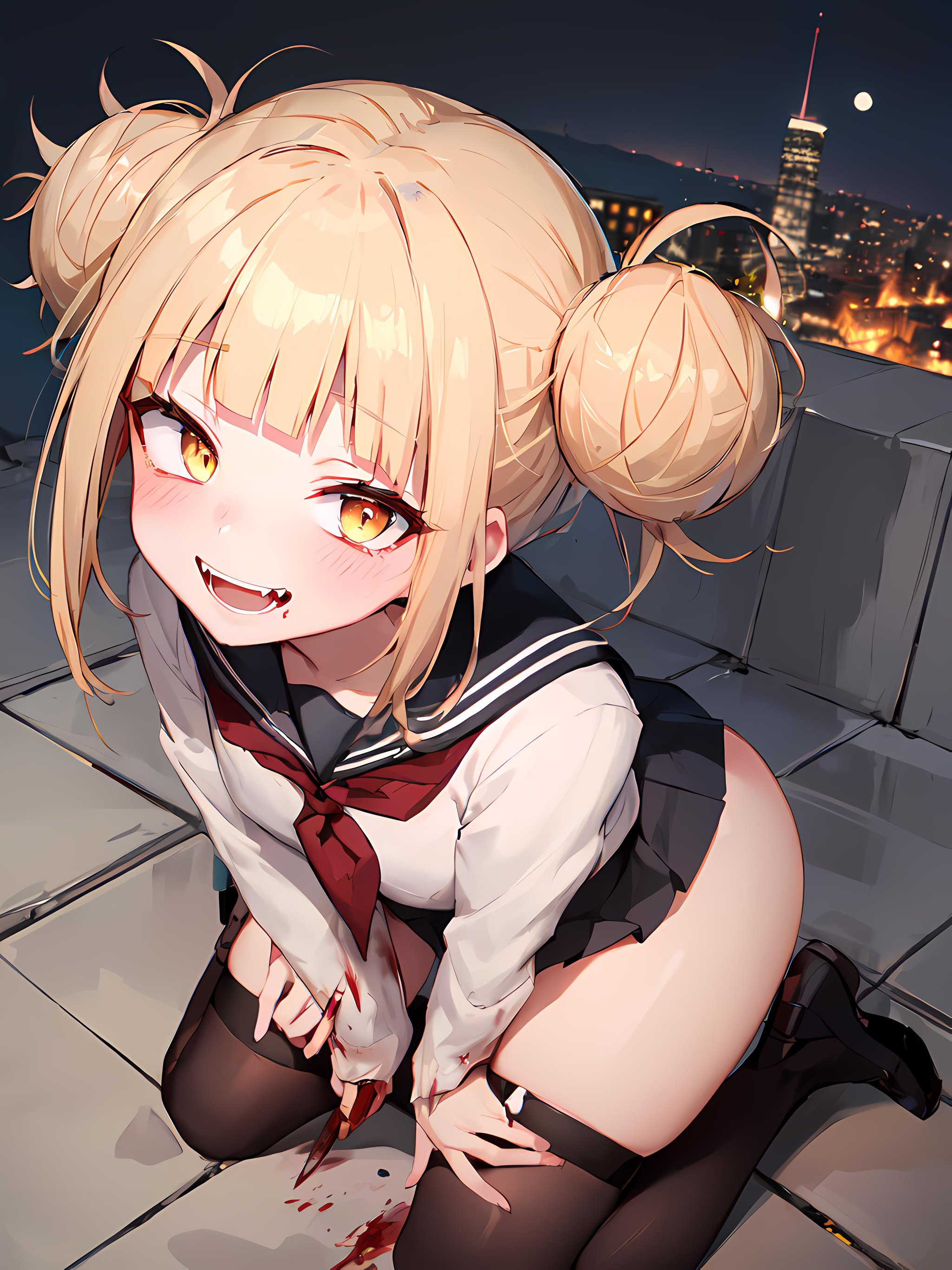 masterpiece, top quality, best quality, 1girl, (above angle), erotic, (nsfw), <lora:TogaHimiko:1>, Toga, (fangs), (unusual pupils), (smile), messy hair, crazy blushing, (cute), 