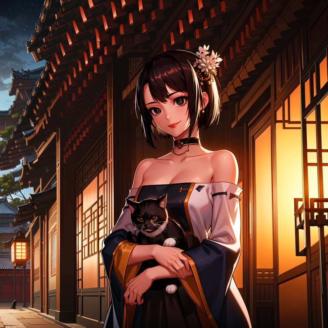 1girl, hair ornament, short hair, black hair, bare shoulders, breasts, solo, dress, cleavage, lantern, brown eyes, cat hug, night, strapless dress, outdoors, architecture, east asian architecture, jewelry, medium breasts, collarbone, sky, choker, black eyes,smile,long sleeves,cowboy shot,hanfu,,  <lora:fpriest_DNF4:1>