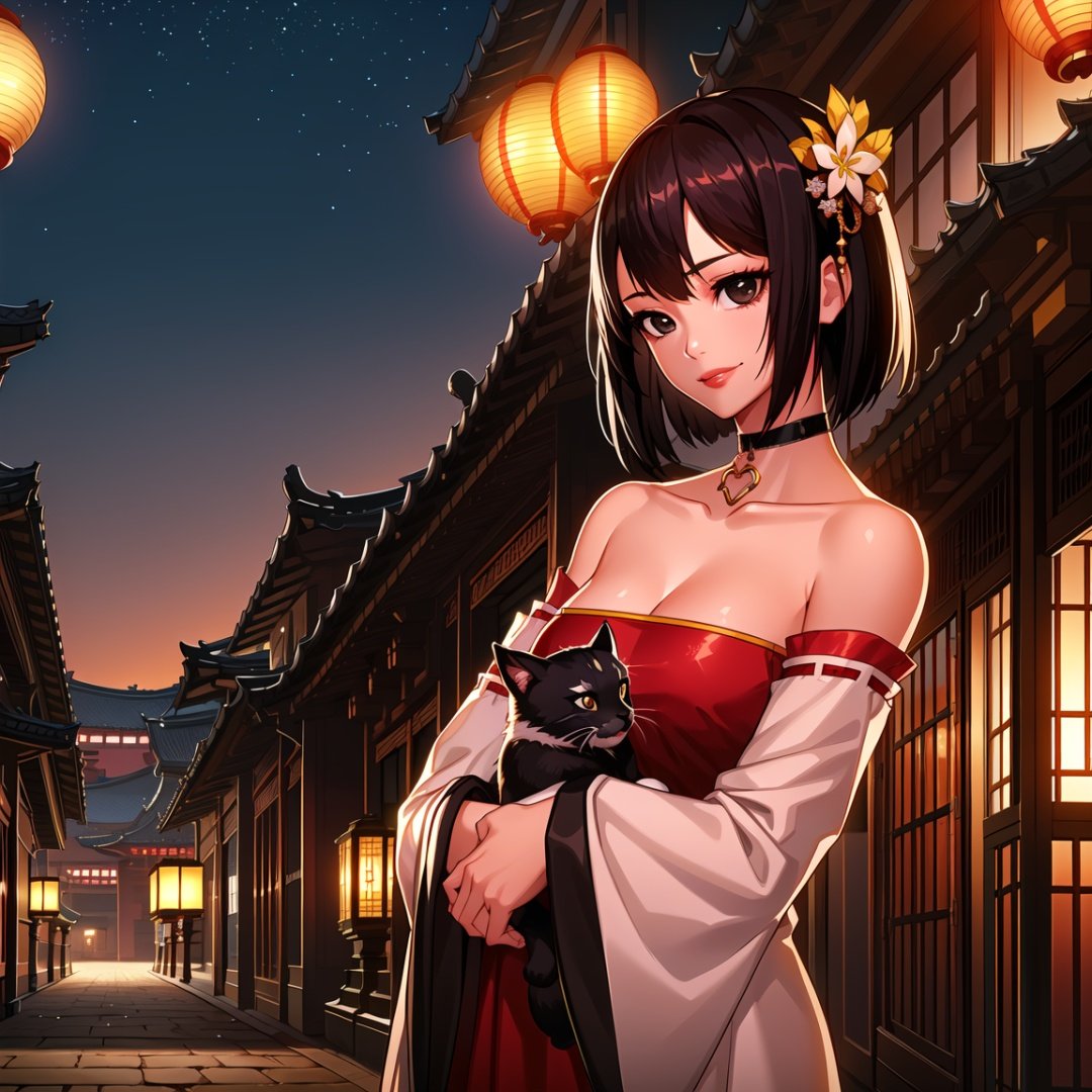 1girl, hair ornament, short hair, black hair, bare shoulders, breasts, solo, dress, cleavage, lantern, brown eyes, cat hug, night, strapless dress, outdoors, architecture, east asian architecture, jewelry, medium breasts, collarbone, sky, choker, black eyes,smile,long sleeves,cowboy shot,hanfu,,  <lora:fpriest_DNF4:1>