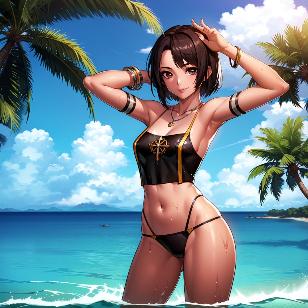 fpriest, 1girl, breasts, palm tree, solo, behind back, day, outdoors, tree, short hair, jewelry, water, wet, sky, medium breasts, cloud, navel, armpits, necklace, wading, looking at viewer, arm up, brown eyes, , bracelet, contrapposto, standing, smile, blue sky, brown hair, black hair,cowboy shot, ocean, lips, closed mouth, hand on own head, pendant,  bangs,swimsuit,  <lora:fpriest_DNF4:0.9>